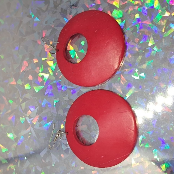 Red Wood Dangle Earrings with Silver Hardware - Picture 3 of 5